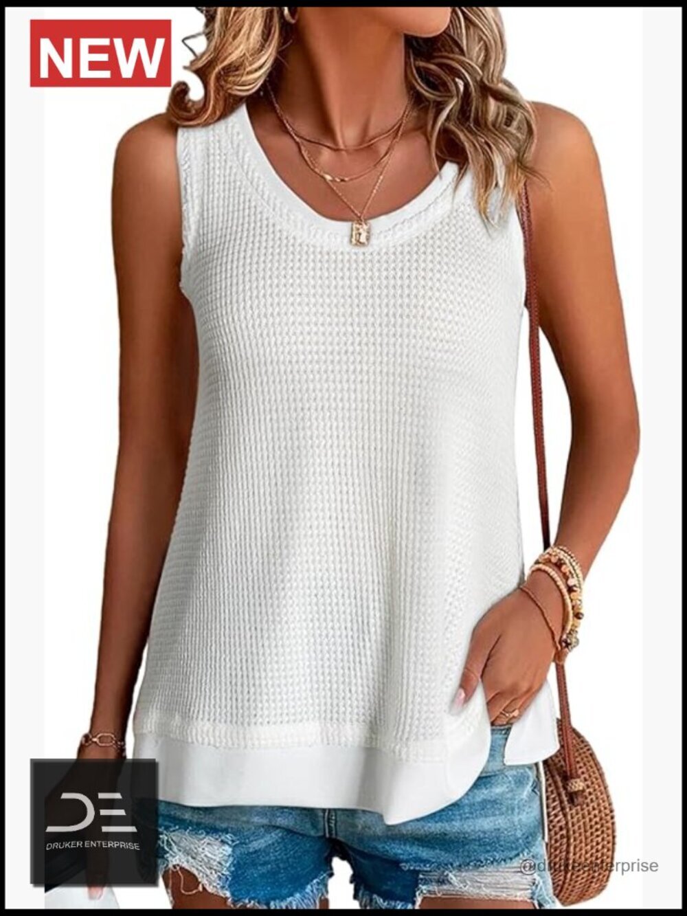 Waffle Knit Tank Top Scoop Neck Sleeveless Loose Tunic Shirt